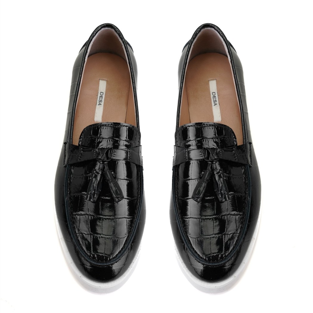 Kadın Siyah Kroko Baskılı Deri Loafer