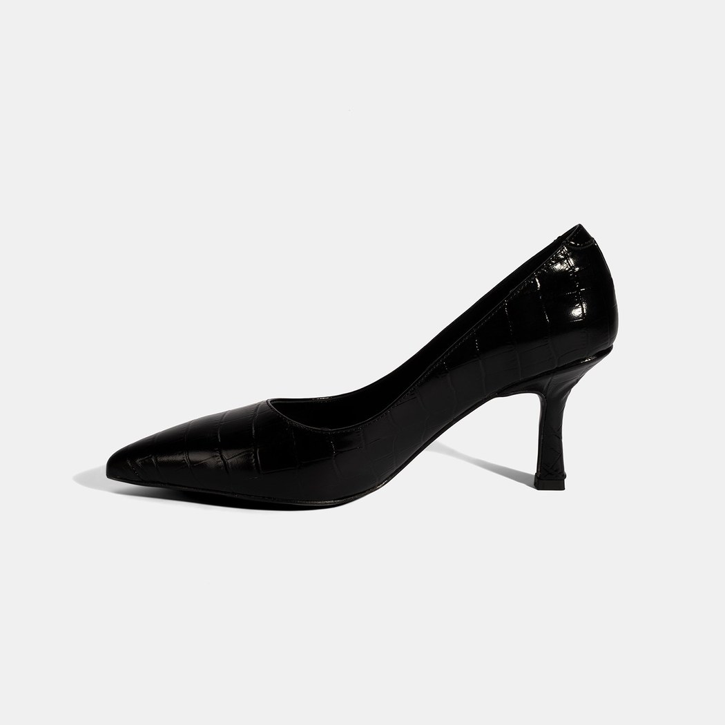 Kadın Siyah Kroko Baskılı Deri Stiletto