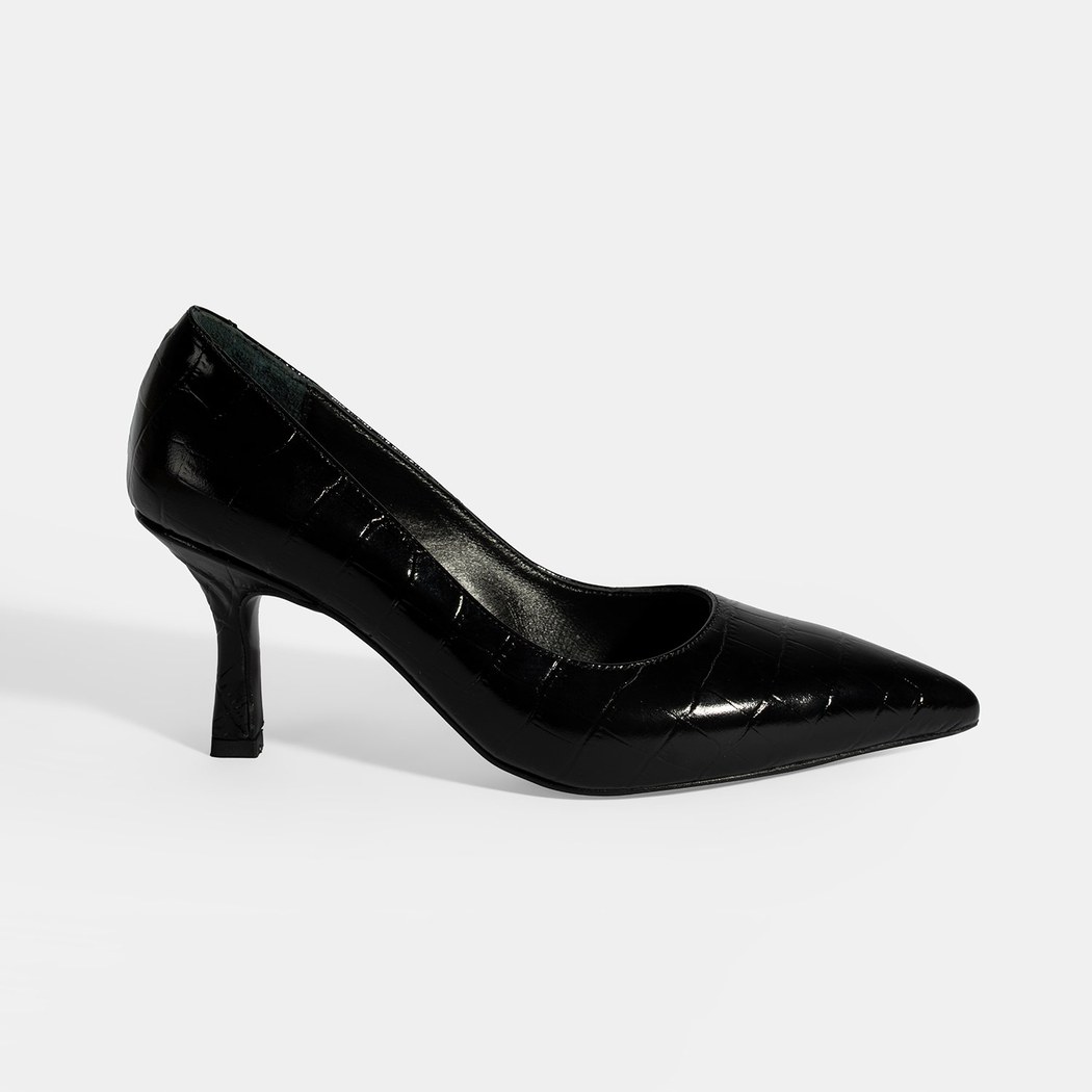 Kadın Siyah Kroko Baskılı Deri Stiletto