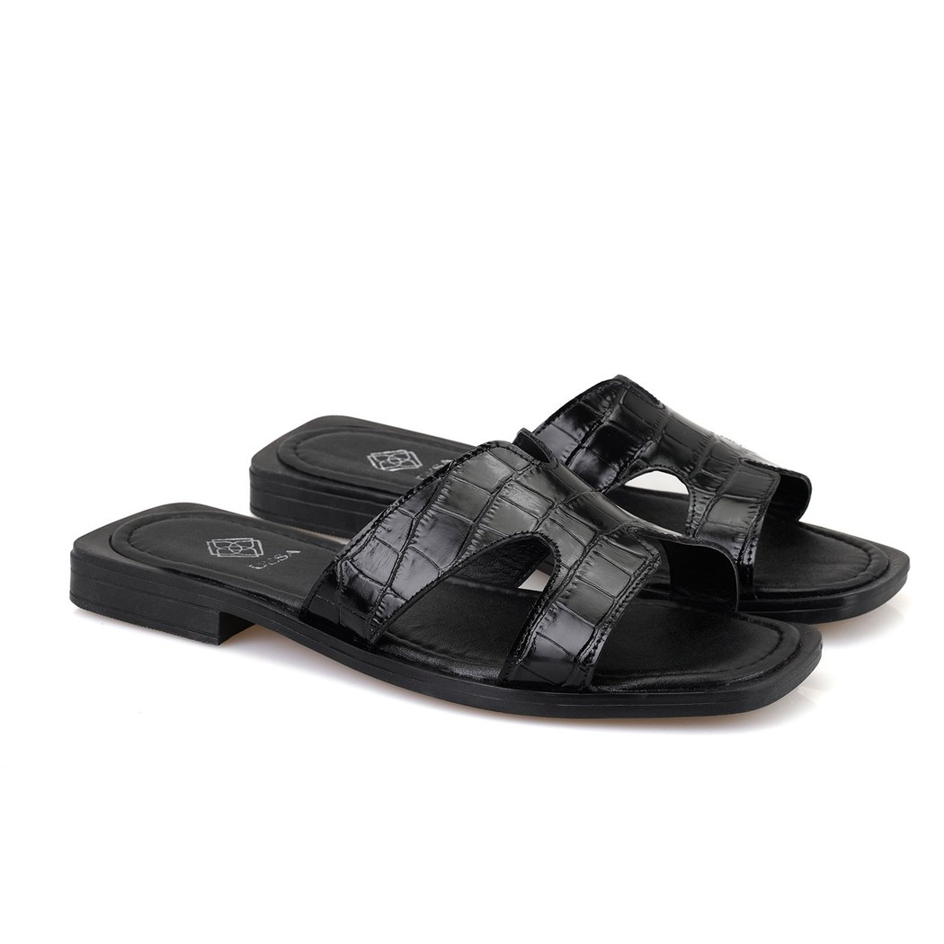 Kadın Siyah Kroko Baskılı Deri Terlik