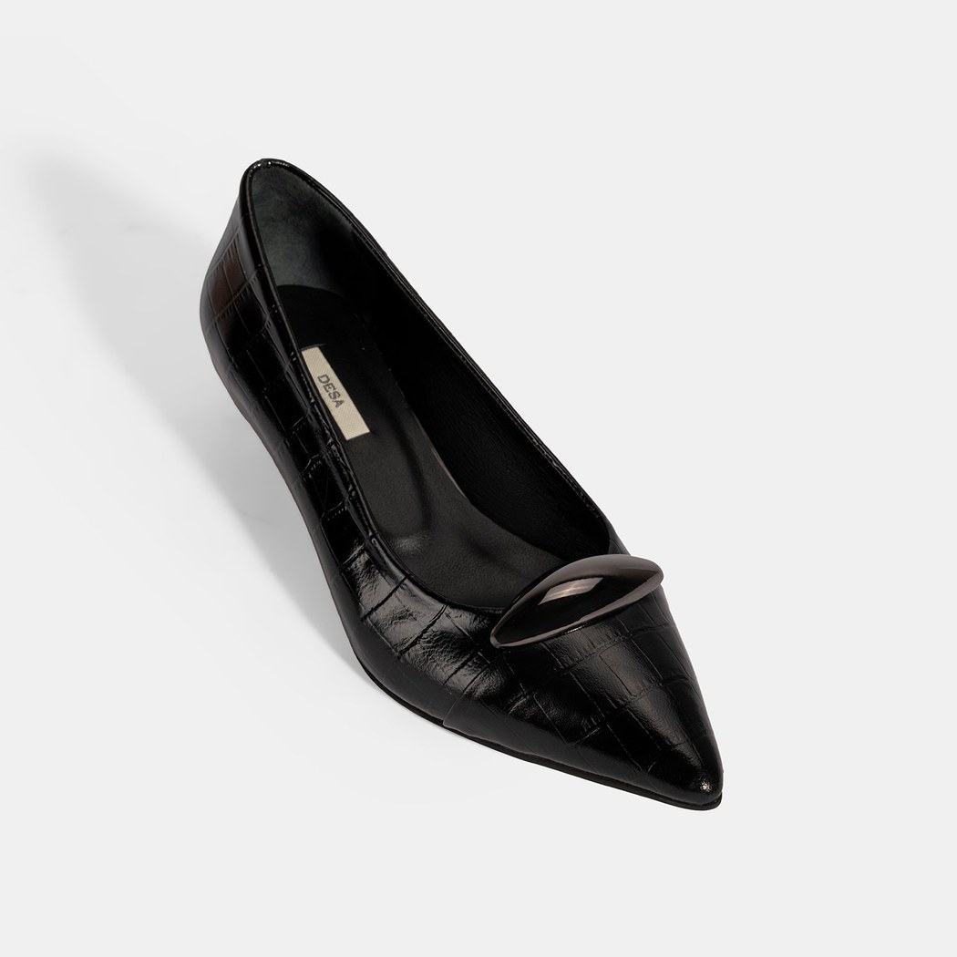 Kadın Siyah Kroko Baskılı Deri Topuklu Ayakkabı