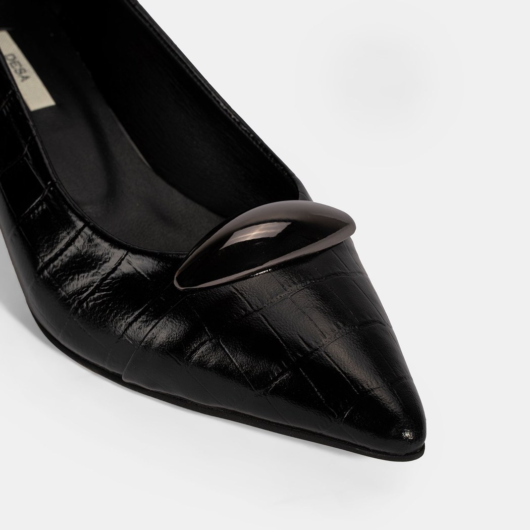 Kadın Siyah Kroko Baskılı Deri Topuklu Ayakkabı