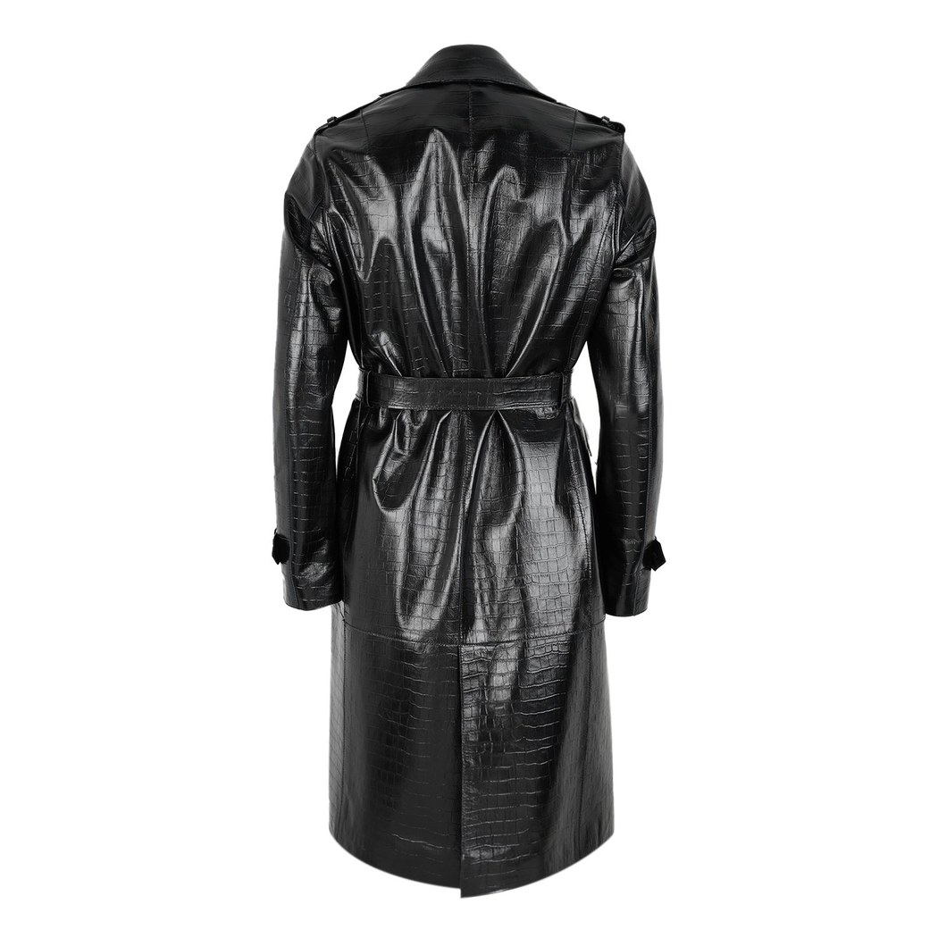 Kadın Siyah Kroko Baskılı Deri Trençkot