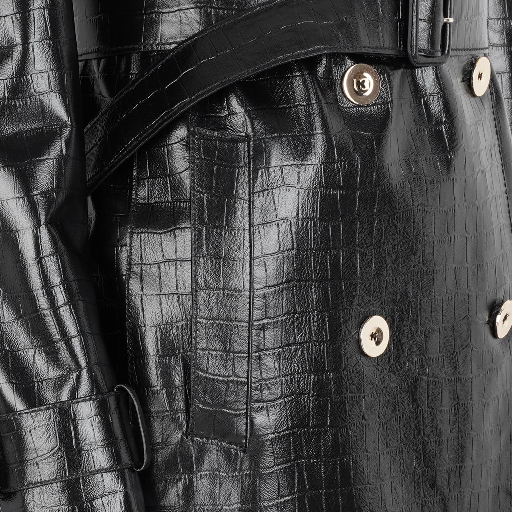 Kadın Siyah Kroko Baskılı Deri Trençkot