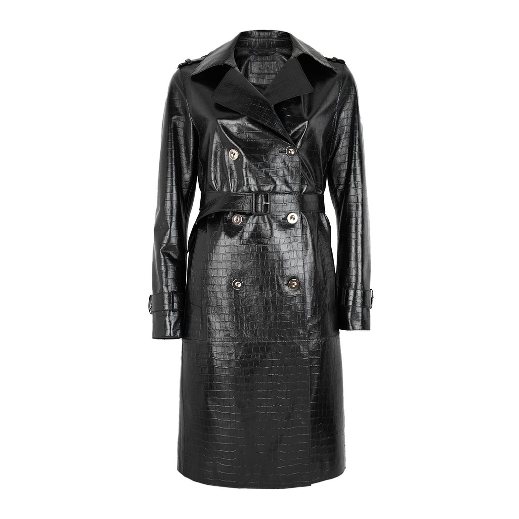 Kadın Siyah Kroko Baskılı Deri Trençkot