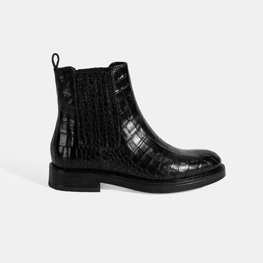 Kadın Siyah Kroko Baskılı Lastikli Deri Bot