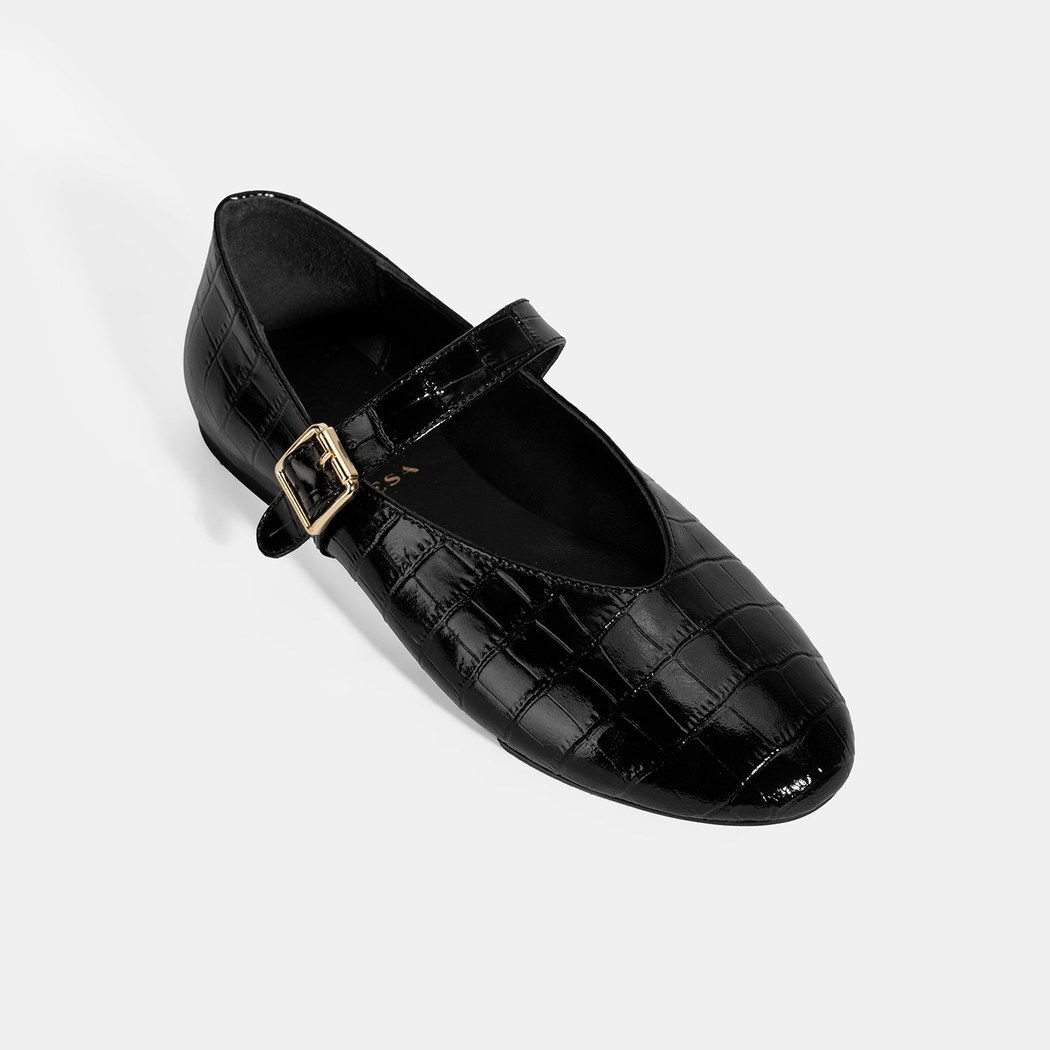 Kadın Siyah Kroko Baskılı Mary Jane Deri Babet