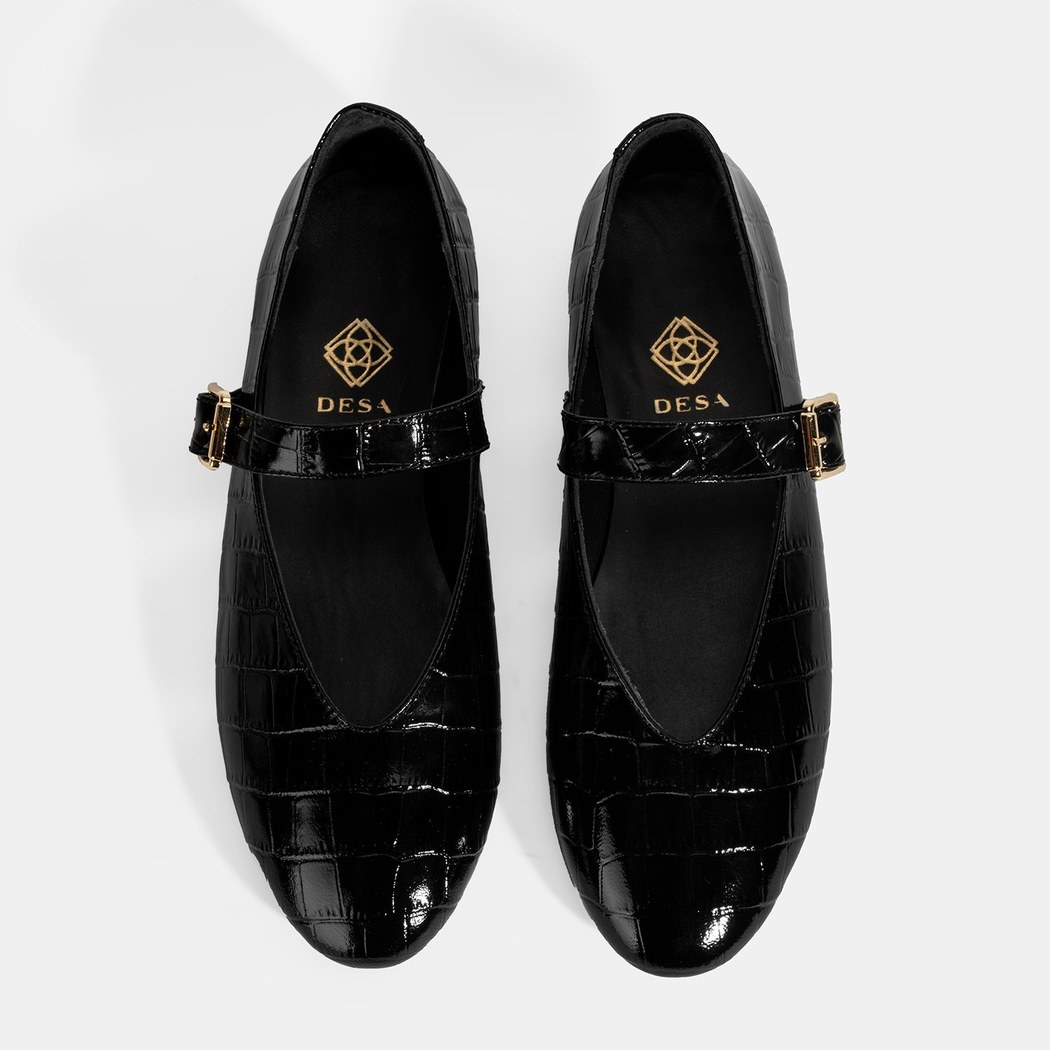 Kadın Siyah Kroko Baskılı Mary Jane Deri Babet