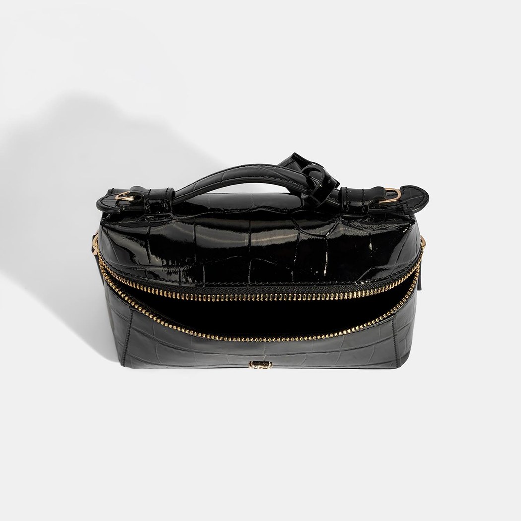 Kadın Siyah Kroko Baskılı Mini Deri El Çantası