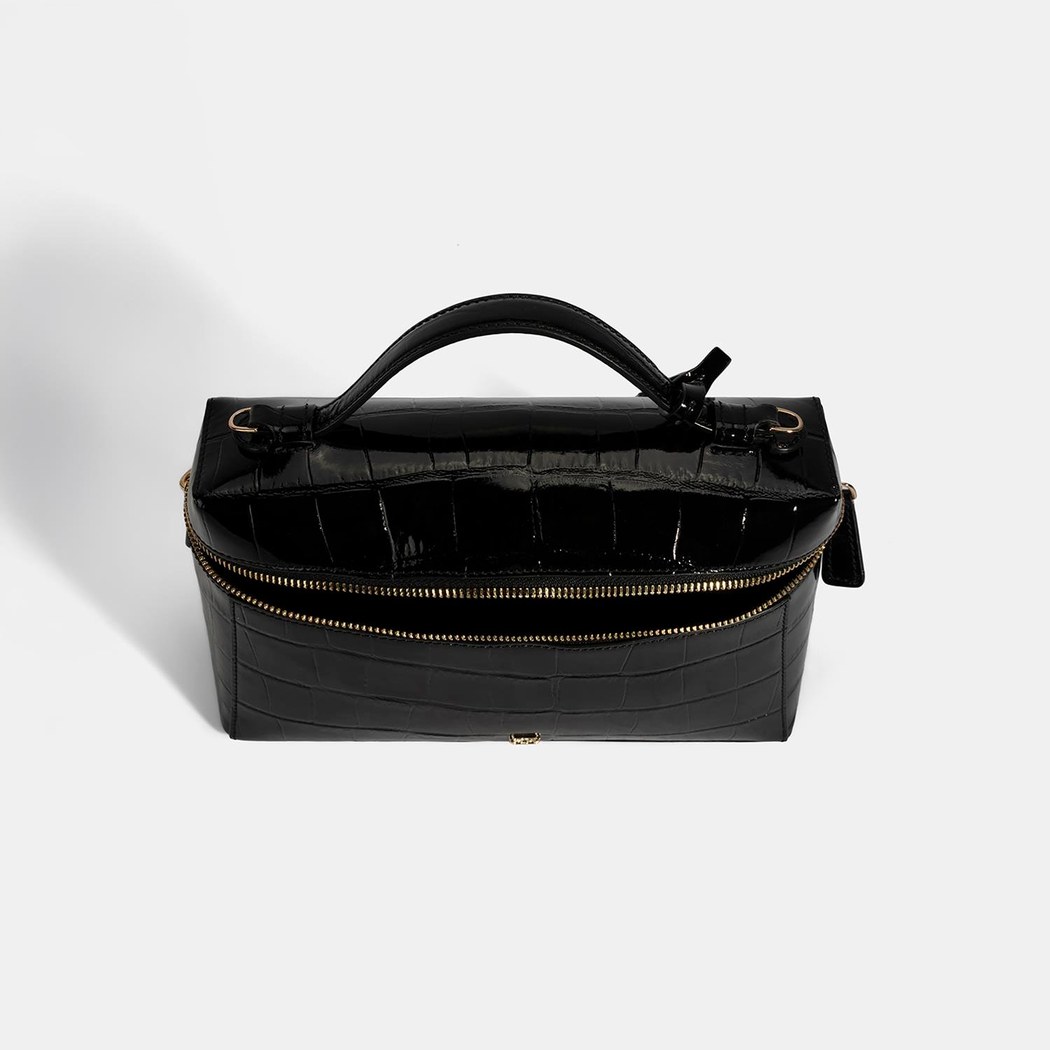 Kadın Siyah Kroko Baskılı Rugan Deri El Çantası