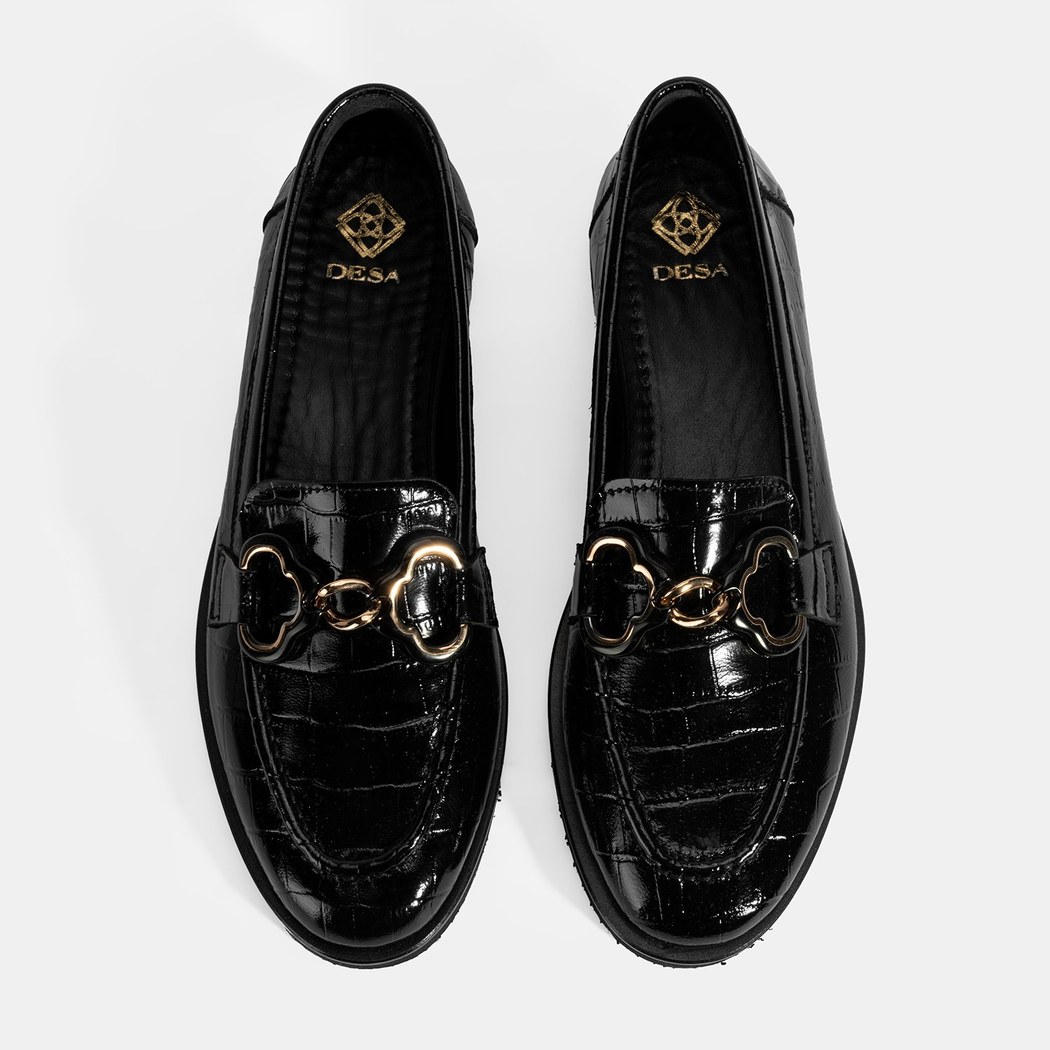 Kadın Siyah Kroko Baskılı Toka Detaylı Deri Loafer