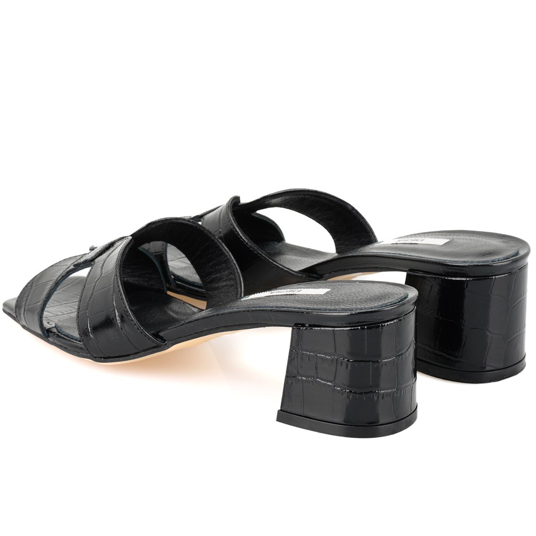 Kadın Siyah Kroko Baskılı Topuklu Deri Terlik