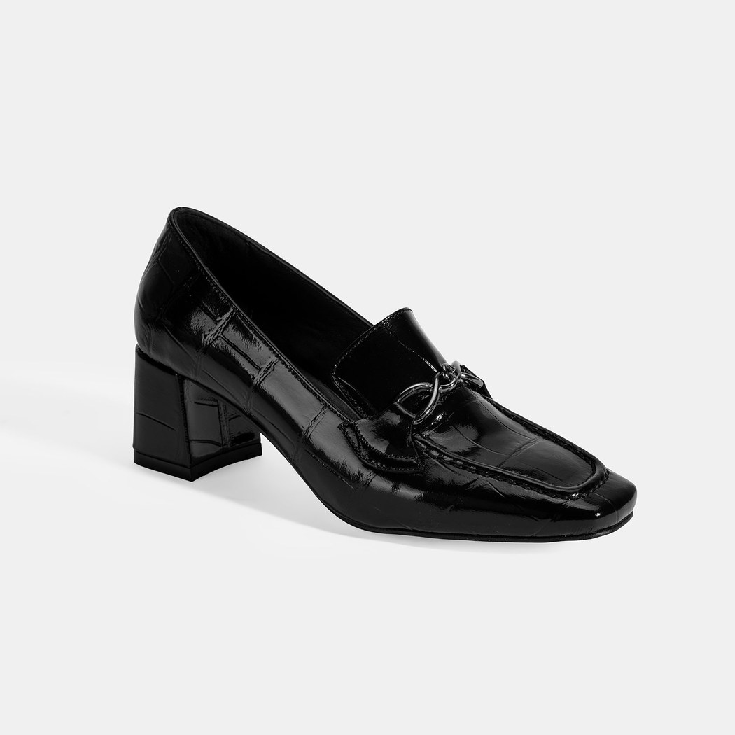 Kadın Siyah Kroko Baskılı Topuklu Rugan Loafer