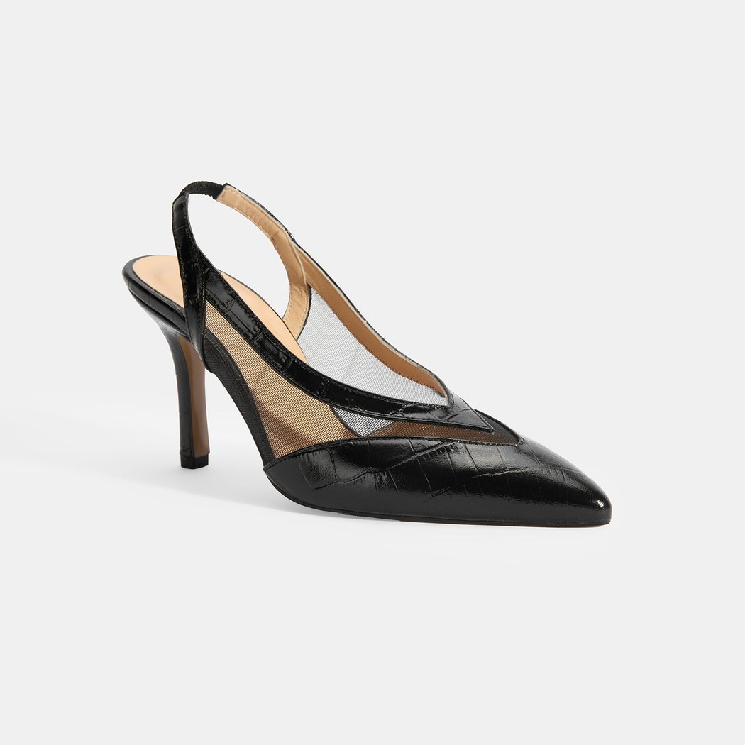 Kadın Siyah Kroko Desenli Fileli Abiye Topuklu Ayakkabı
