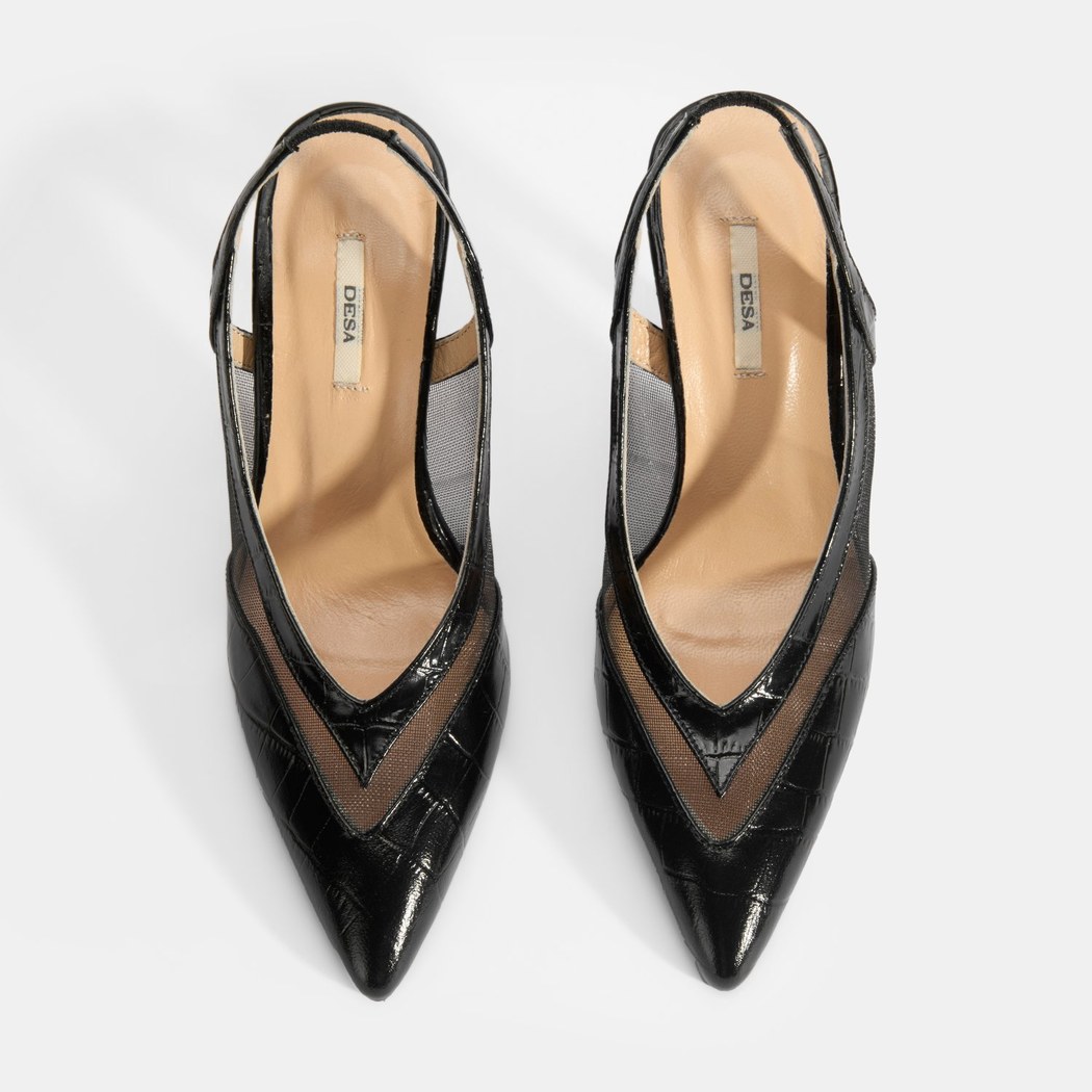 Kadın Siyah Kroko Desenli Fileli Abiye Topuklu Ayakkabı