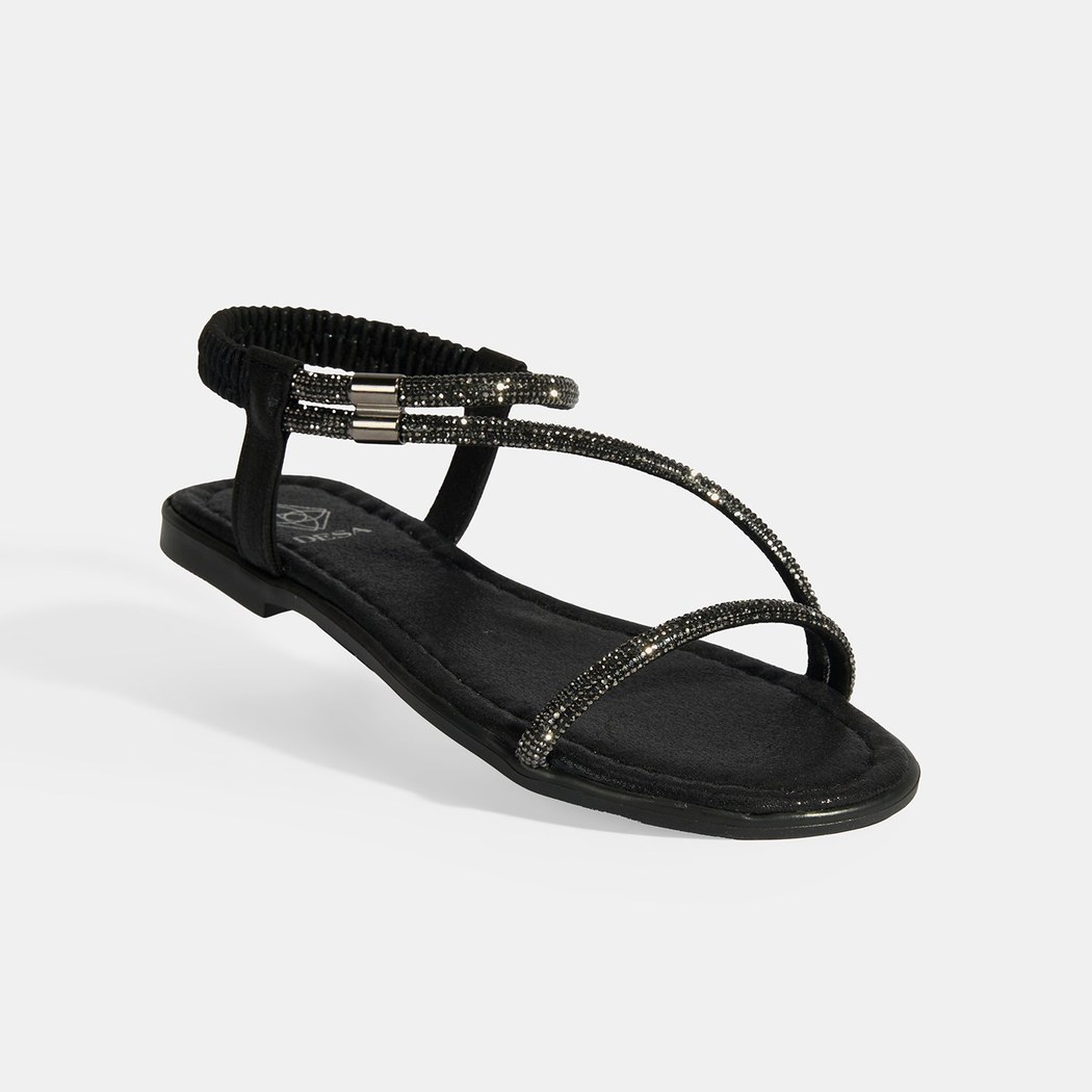 Kadın Siyah Lastik Bantlı Taşlı Sandalet