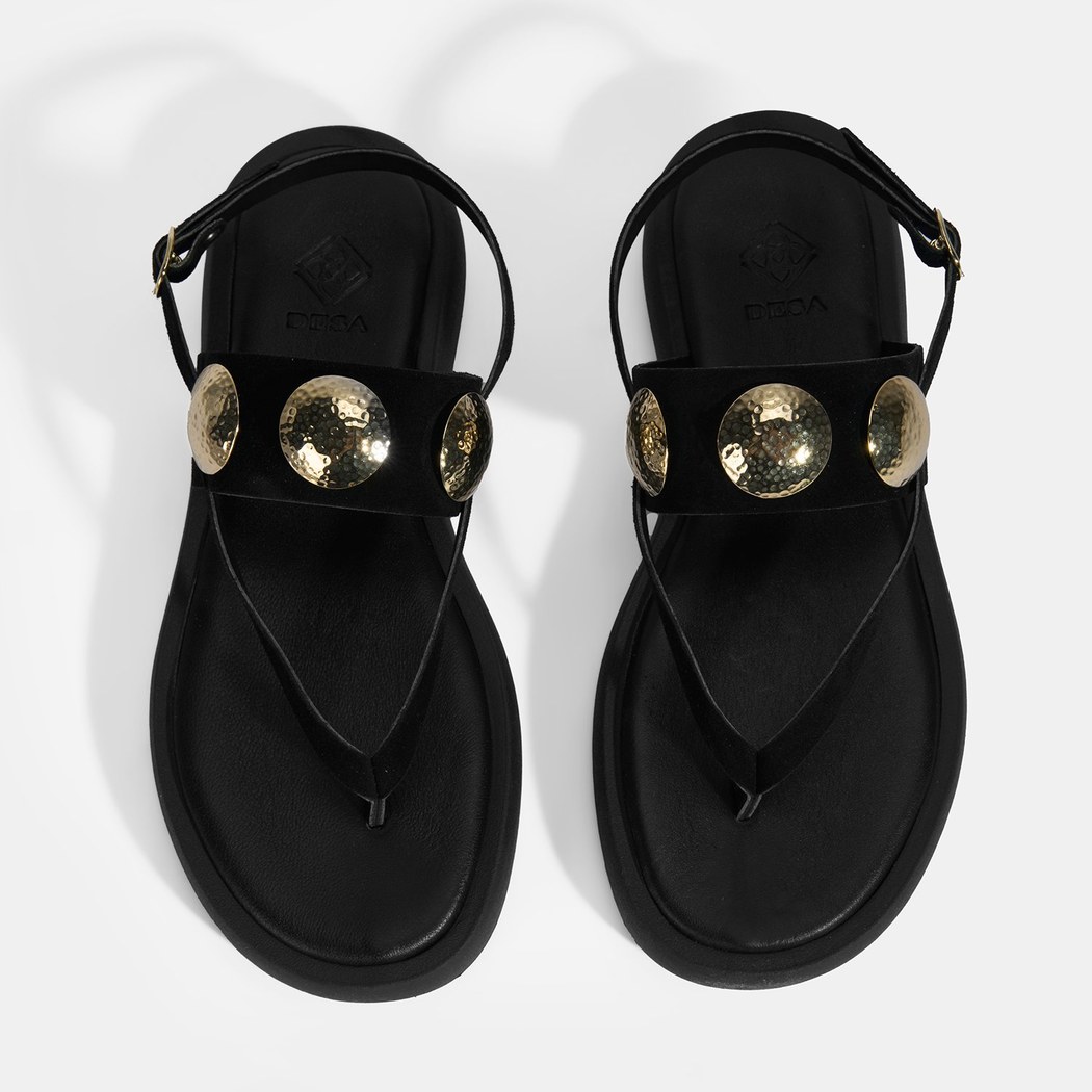 Kadın Siyah Metal Aksesuarlı Ayarlanabilir Tokalı Süet Sandalet