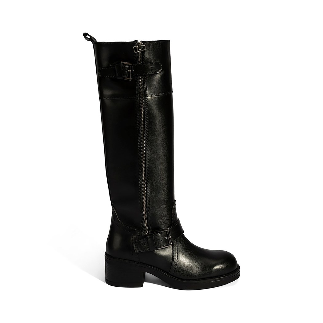 Kadın Siyah Metal Toka Detaylı Deri Çizme