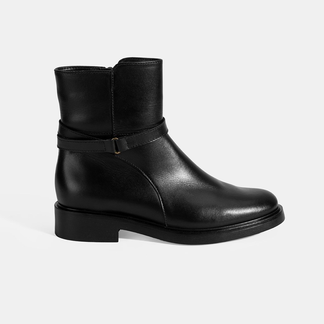 Kadın Siyah Metal Toka Detaylı Fermuarlı Deri Bot