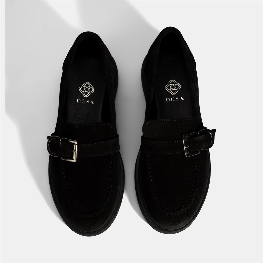 Kadın Siyah Metal Toka Detaylı Süet Loafer