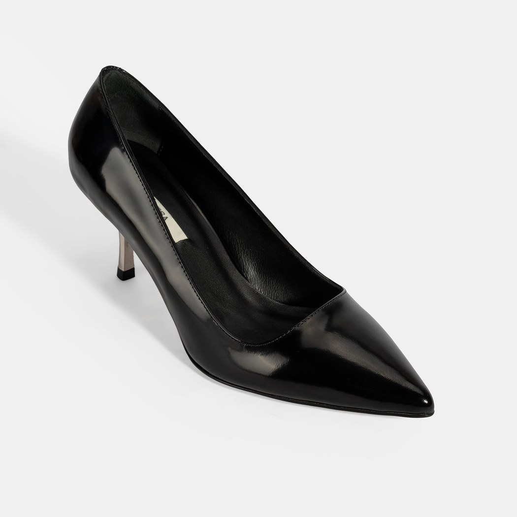 Kadın Siyah Metal Topuk Detaylı Rugan Abiye Ayakkabı