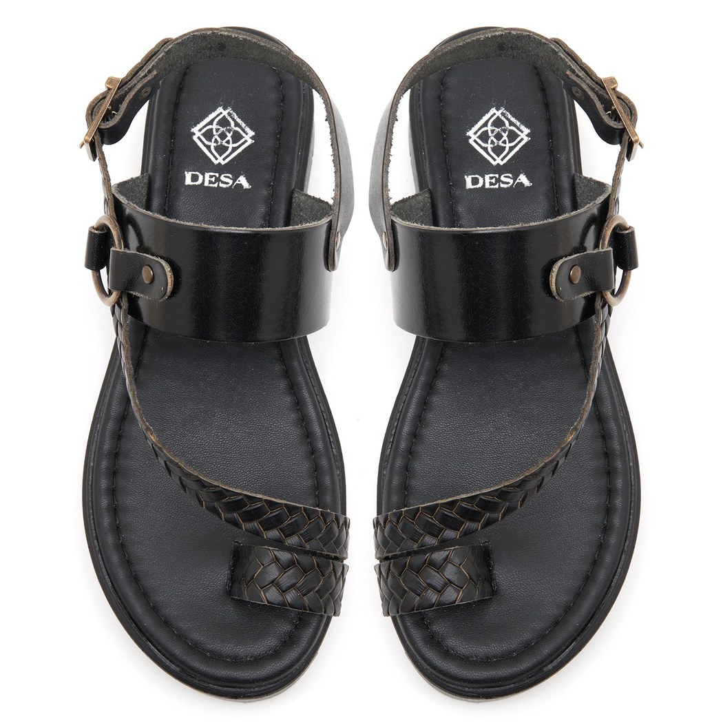 Kadın Siyah Örgü Baskılı Deri Sandalet