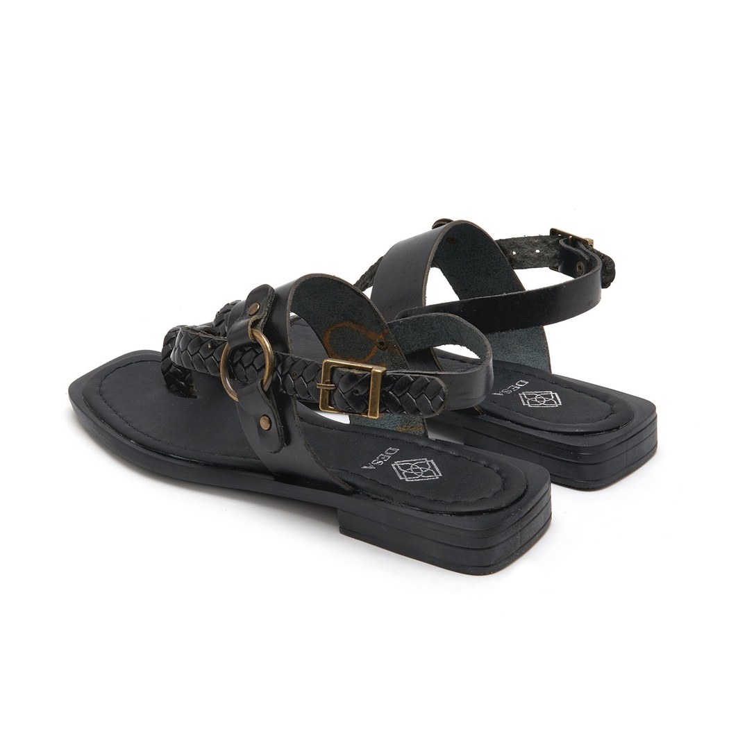 Kadın Siyah Örgü Baskılı Deri Sandalet