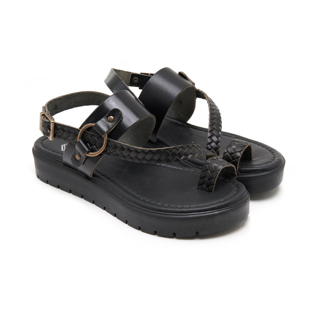 Kadın Siyah Örgü Baskılı Deri Sandalet