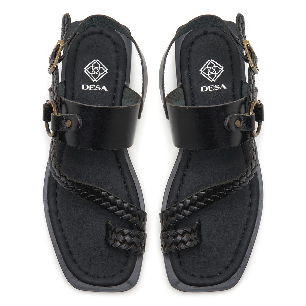 Kadın Siyah Örgü Baskılı Deri Sandalet