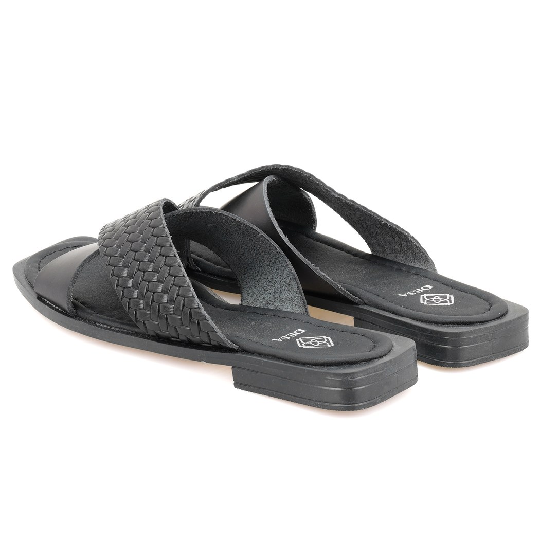 Kadın Siyah Örgü Baskılı Deri Terlik