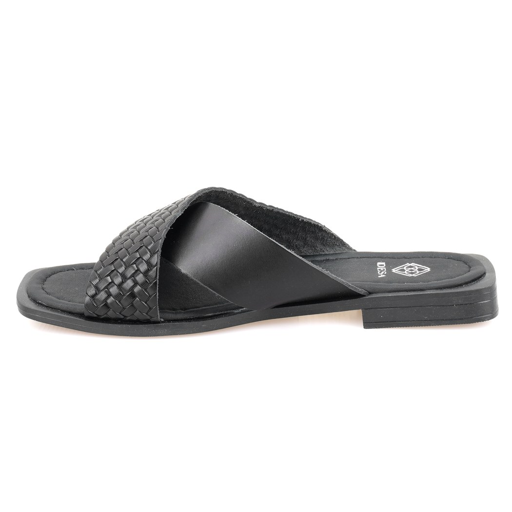 Kadın Siyah Örgü Baskılı Deri Terlik