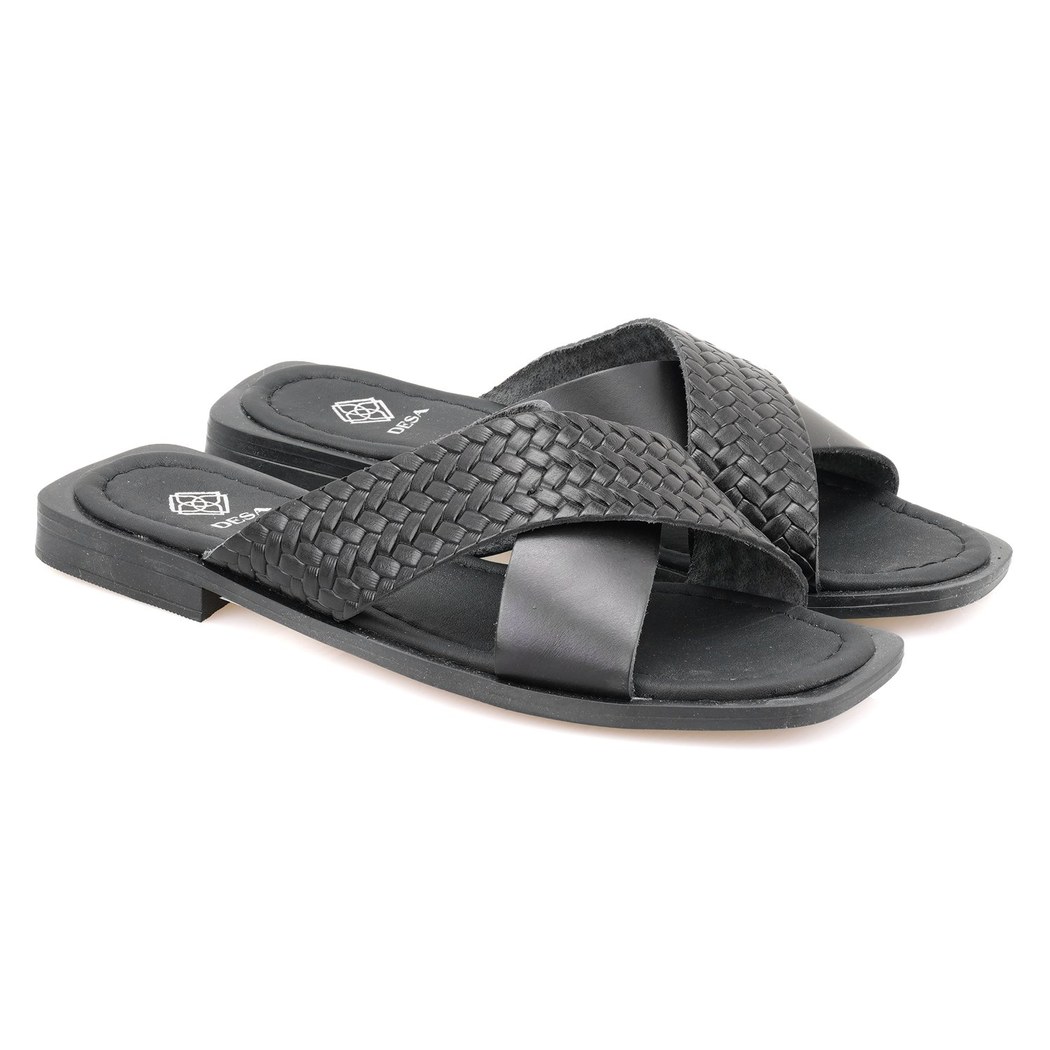 Kadın Siyah Örgü Baskılı Deri Terlik