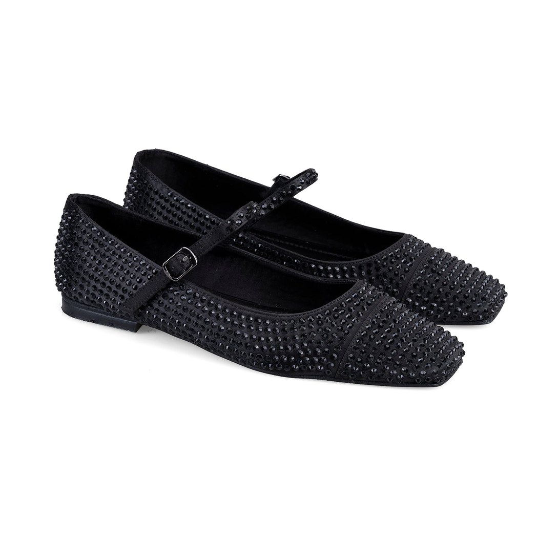 Kadın Siyah Parlak Taş Detaylı Mary Jane Babet