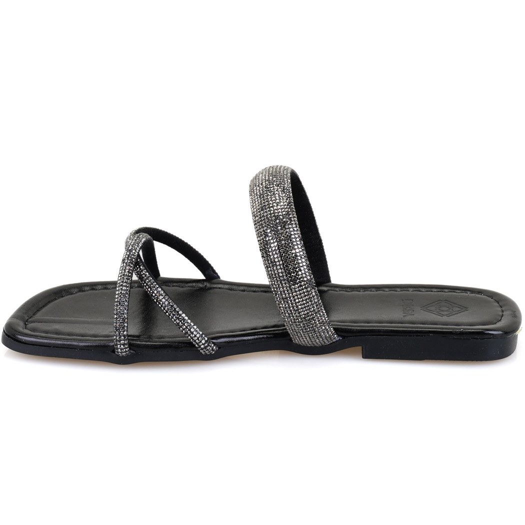 Kadın Siyah Parlak Taş Detaylı Terlik