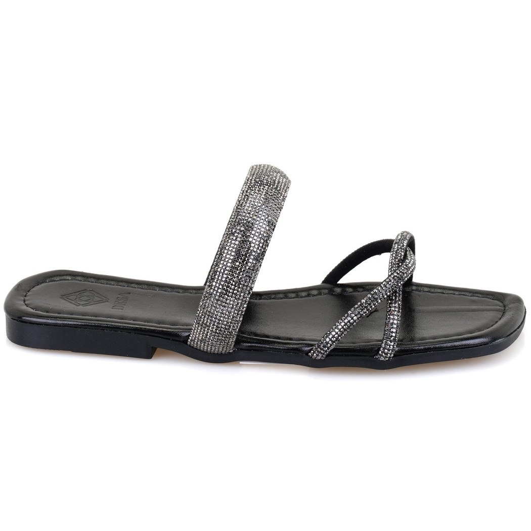 Kadın Siyah Parlak Taş Detaylı Terlik