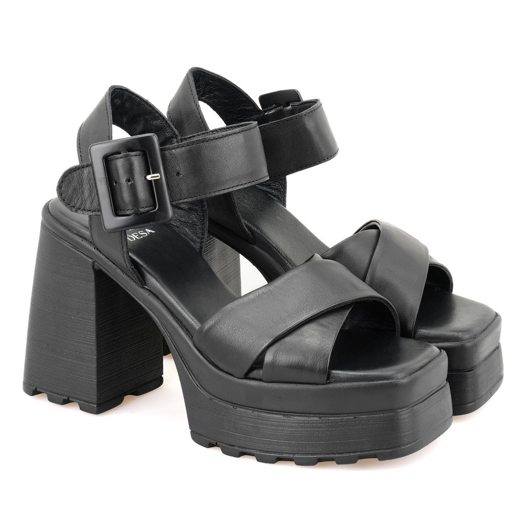 Kadın Siyah Platform Topuklu Deri Sandalet