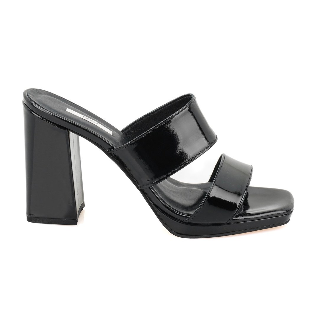 Kadın Siyah Rugan Deri Platformlu Terlik