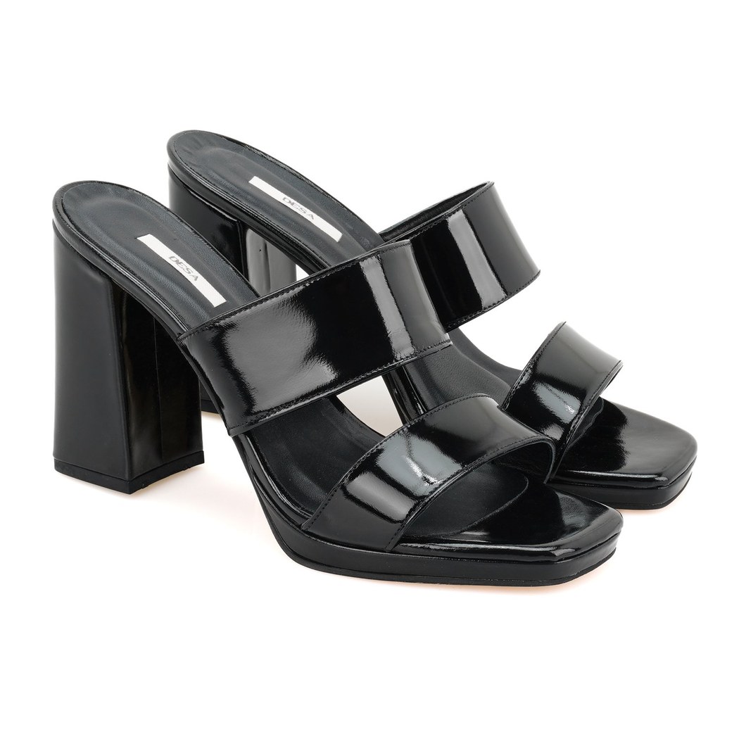 Kadın Siyah Rugan Deri Platformlu Terlik