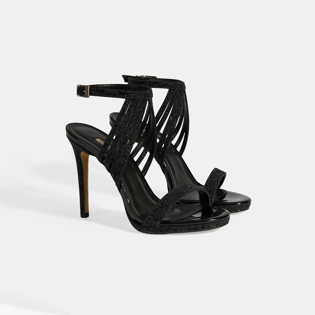 Kadın Siyah Simli Bantlı Topuklu Abiye Sandalet