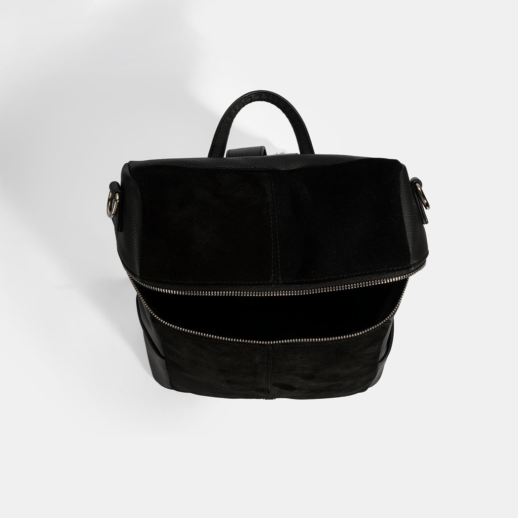 Kadın Siyah Süet Detaylı Fermuarlı Sırt Çantası