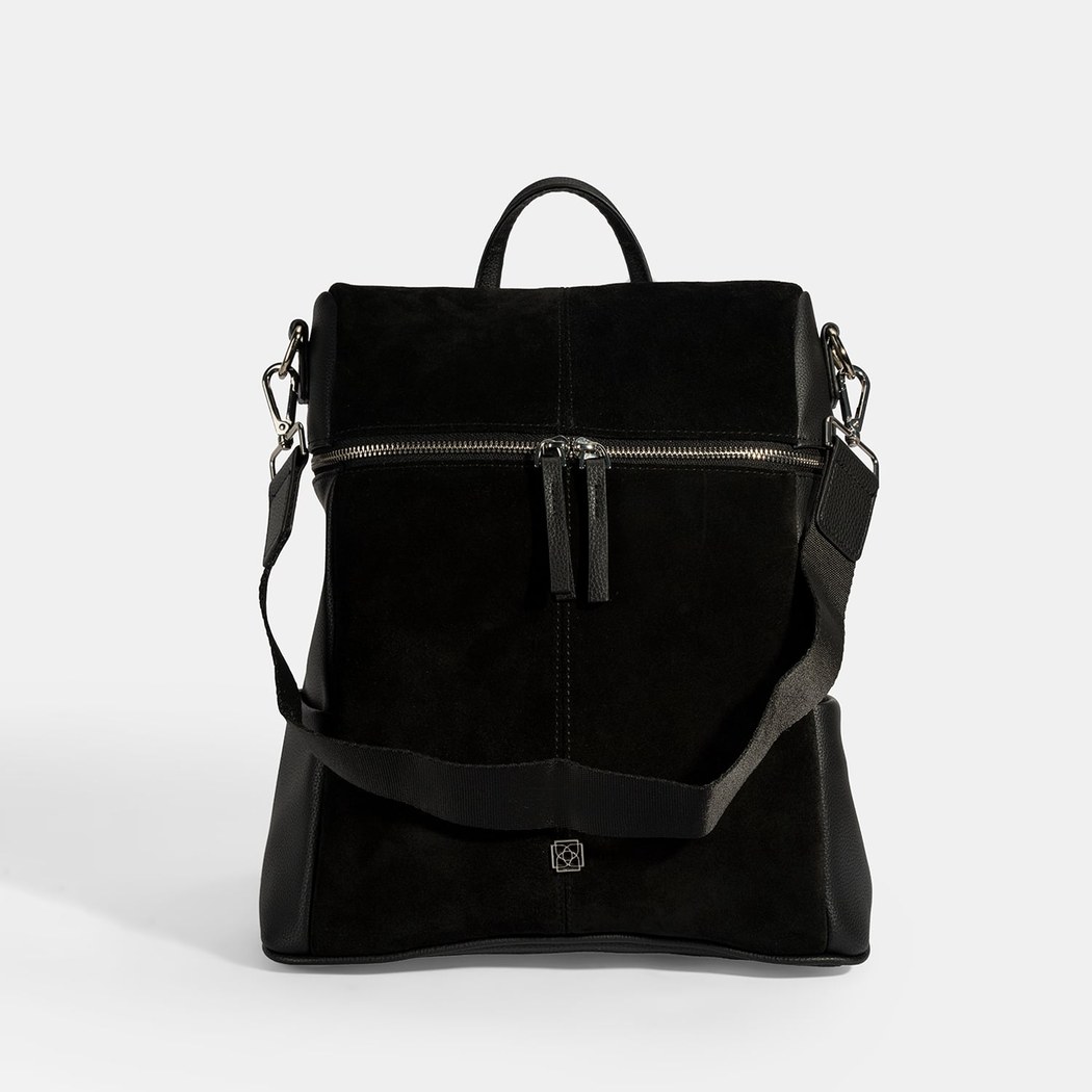 Kadın Siyah Süet Detaylı Fermuarlı Sırt Çantası