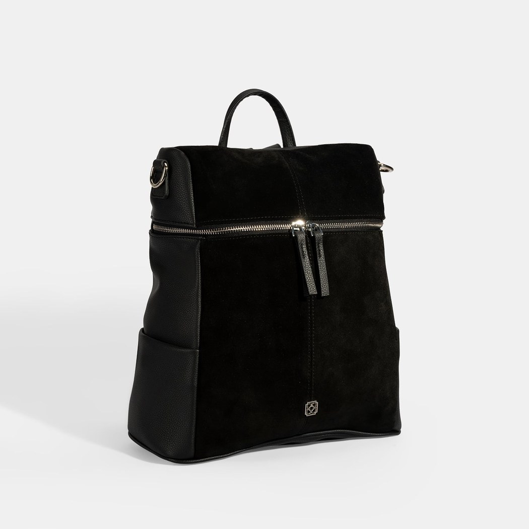 Kadın Siyah Süet Detaylı Fermuarlı Sırt Çantası