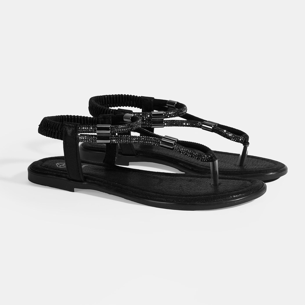 Kadın Siyah Taşlı Lastik Bantlı Parmak Arası Sandalet