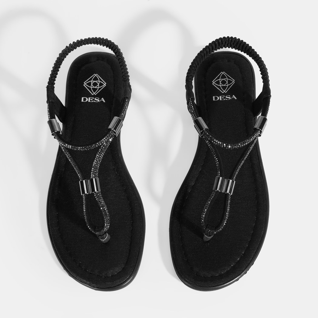 Kadın Siyah Taşlı Lastik Bantlı Parmak Arası Sandalet