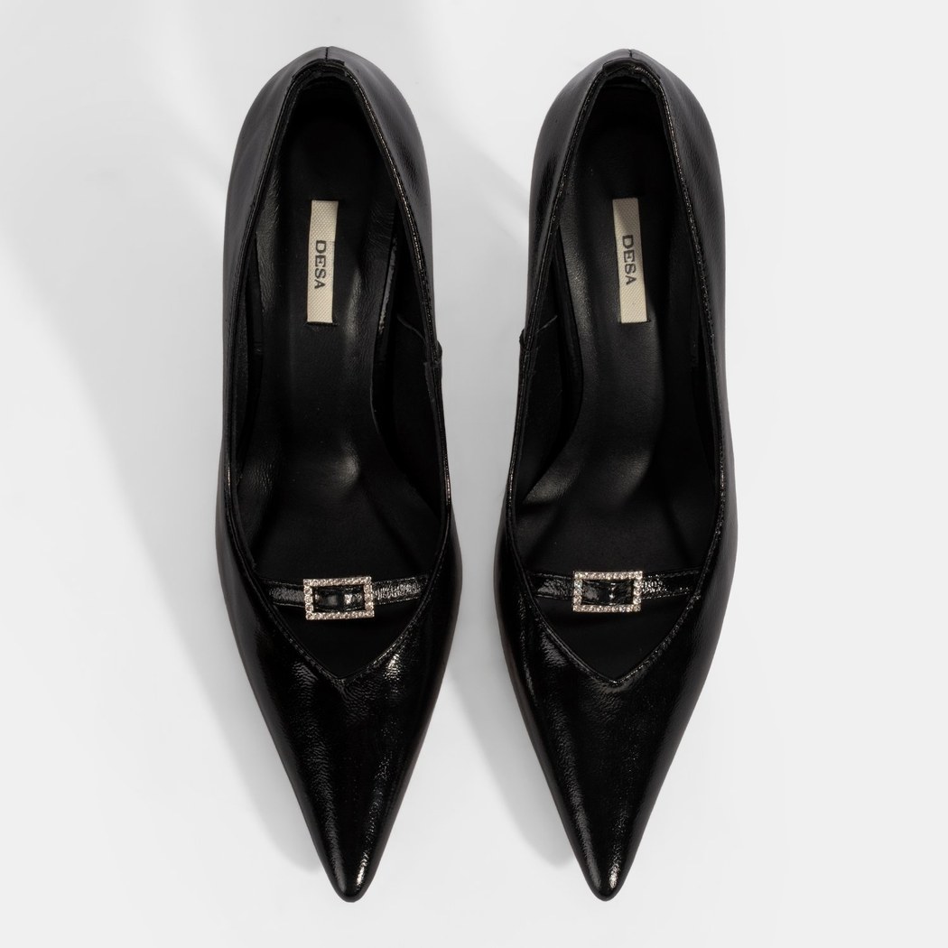 Kadın Siyah Taşlı Toka Detaylı Rugan Topuklu Abiye Ayakkabı