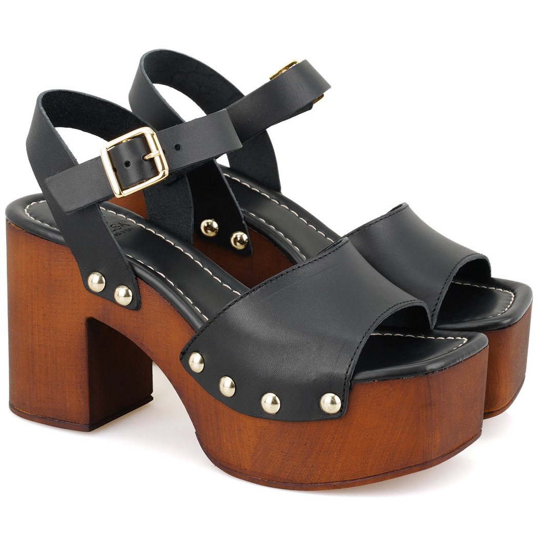 Kadın Siyah Topuklu Deri Sandalet