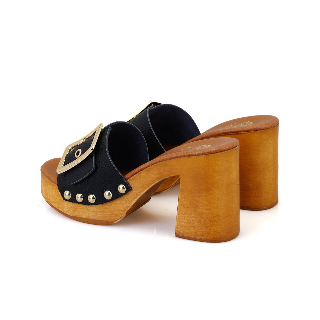 Kadın Siyah Topuklu Deri Terlik