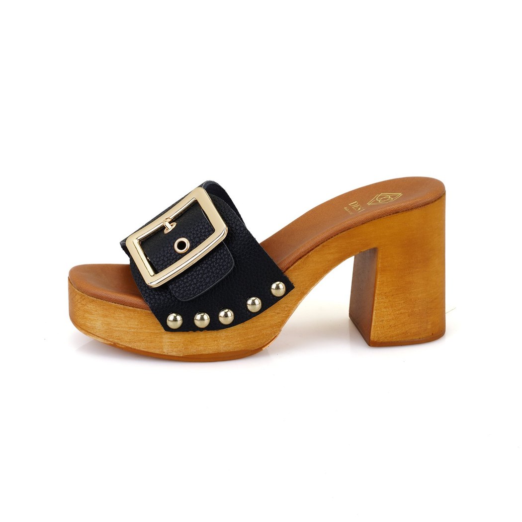 Kadın Siyah Topuklu Deri Terlik