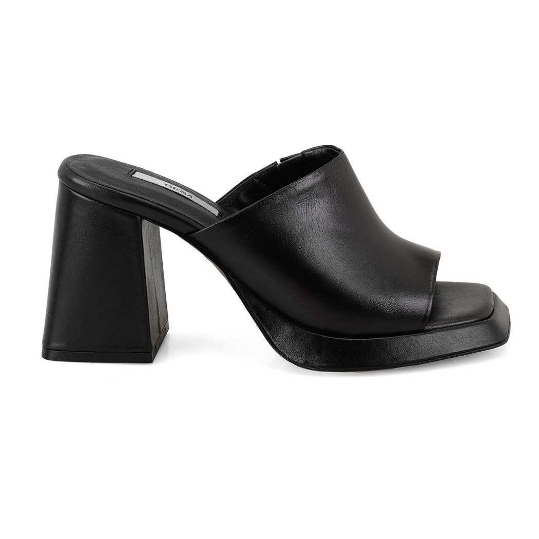 Kadın Siyah Topuklu Napa Deri Terlik