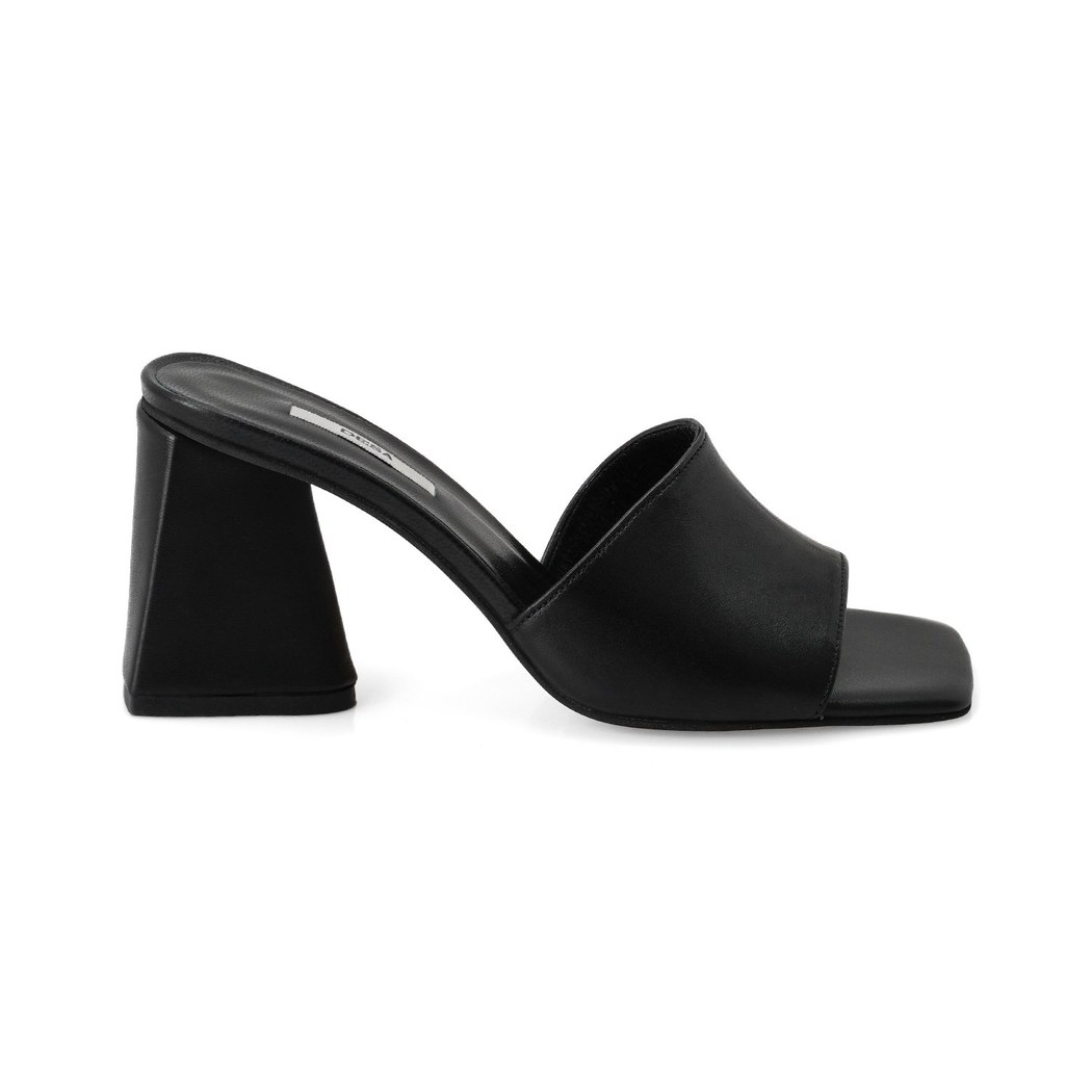 Kadın Siyah Topuklu Napa Deri Terlik